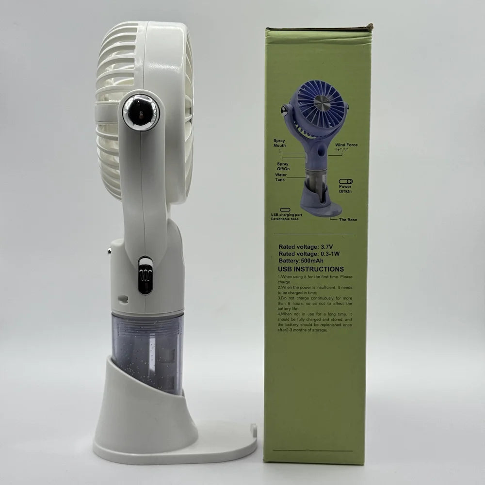 Portable mist spray fan side view showing 180 degree adjustable tilt head