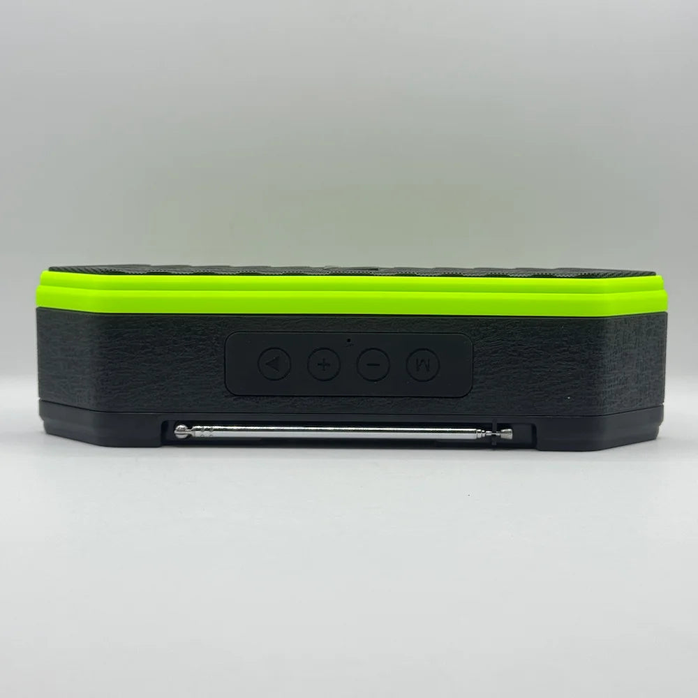 Top view of speaker highlighting tactile media control buttons including play, volume up down, and mode buttons