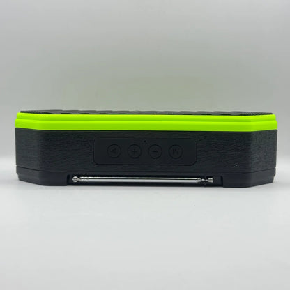 Top view of speaker highlighting tactile media control buttons including play, volume up down, and mode buttons