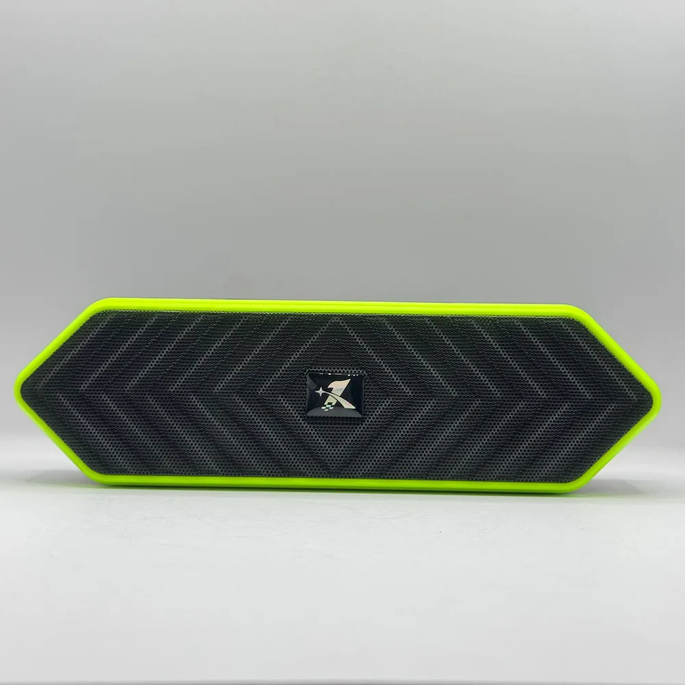 Direct front view of portable wireless soundbar speaker with black mesh grille and green accent frame