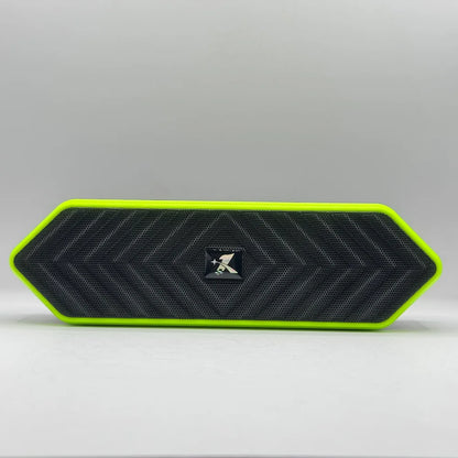 Direct front view of portable wireless soundbar speaker with black mesh grille and green accent frame