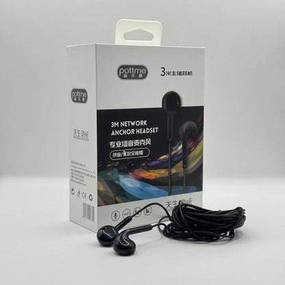 Pottme 3M extra long black wired earphones displayed alongside original retail product box