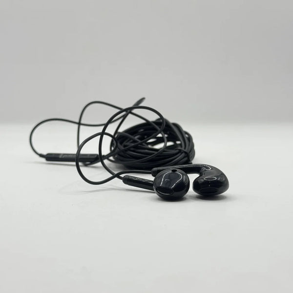 Close up shot of Pottme 3M black earbud heads with coiled audio wire