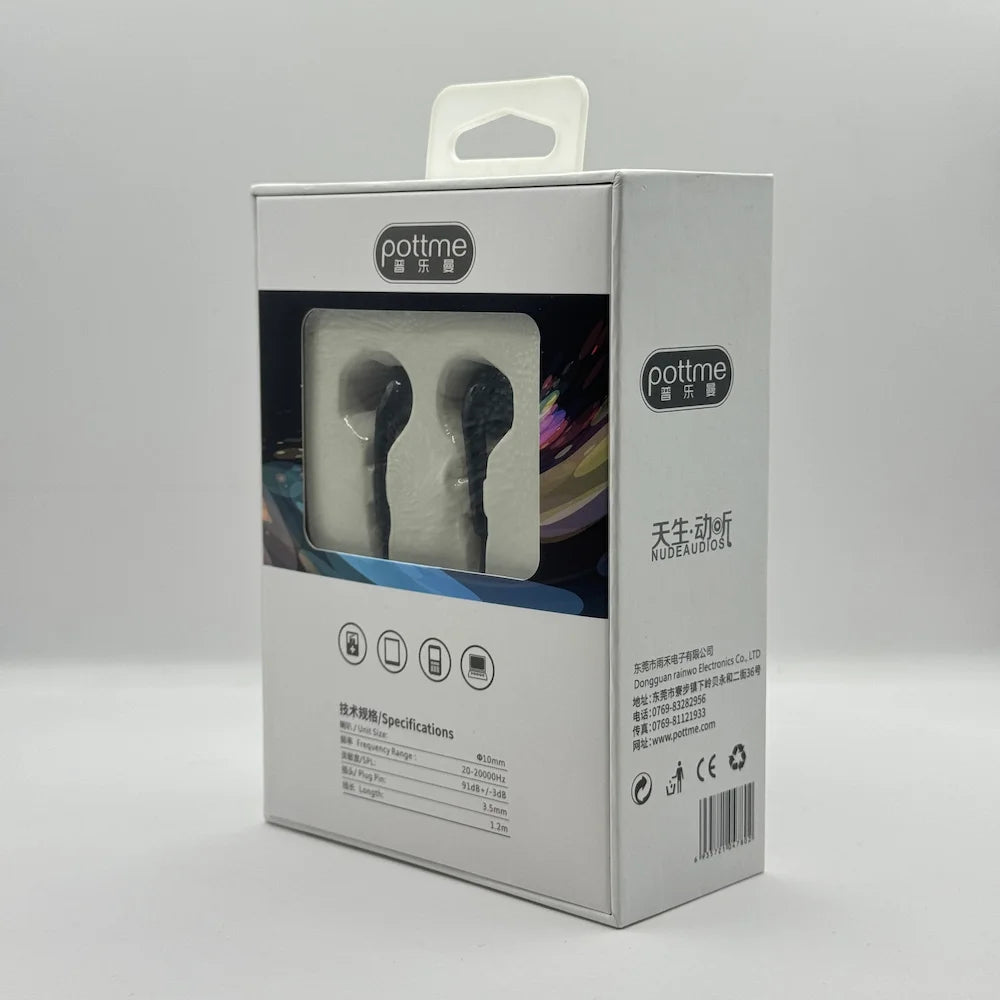 Back view of Pottme 3M extra long wired earphones box showing technical specifications
