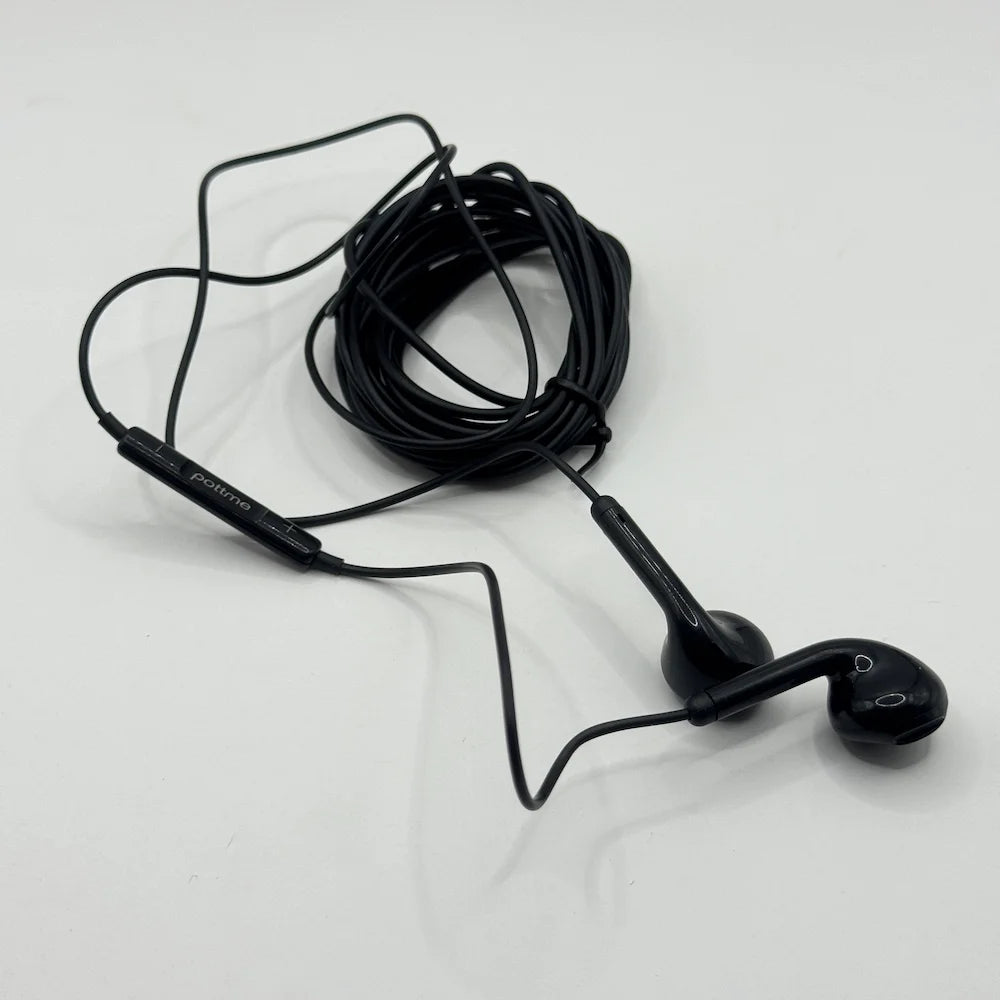 Pottme wired earphones showing built in microphone and volume control buttons on cable