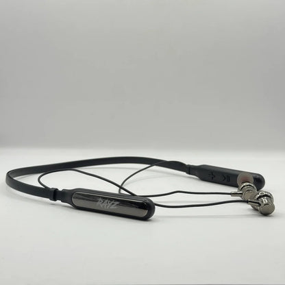Side perspective view of RAYZ RNB-02 black smart neckband with magnetically connected earbud heads