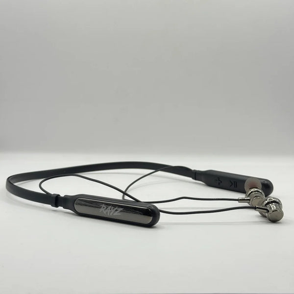 Side perspective view of RAYZ RNB-02 black smart neckband with magnetically connected earbud heads