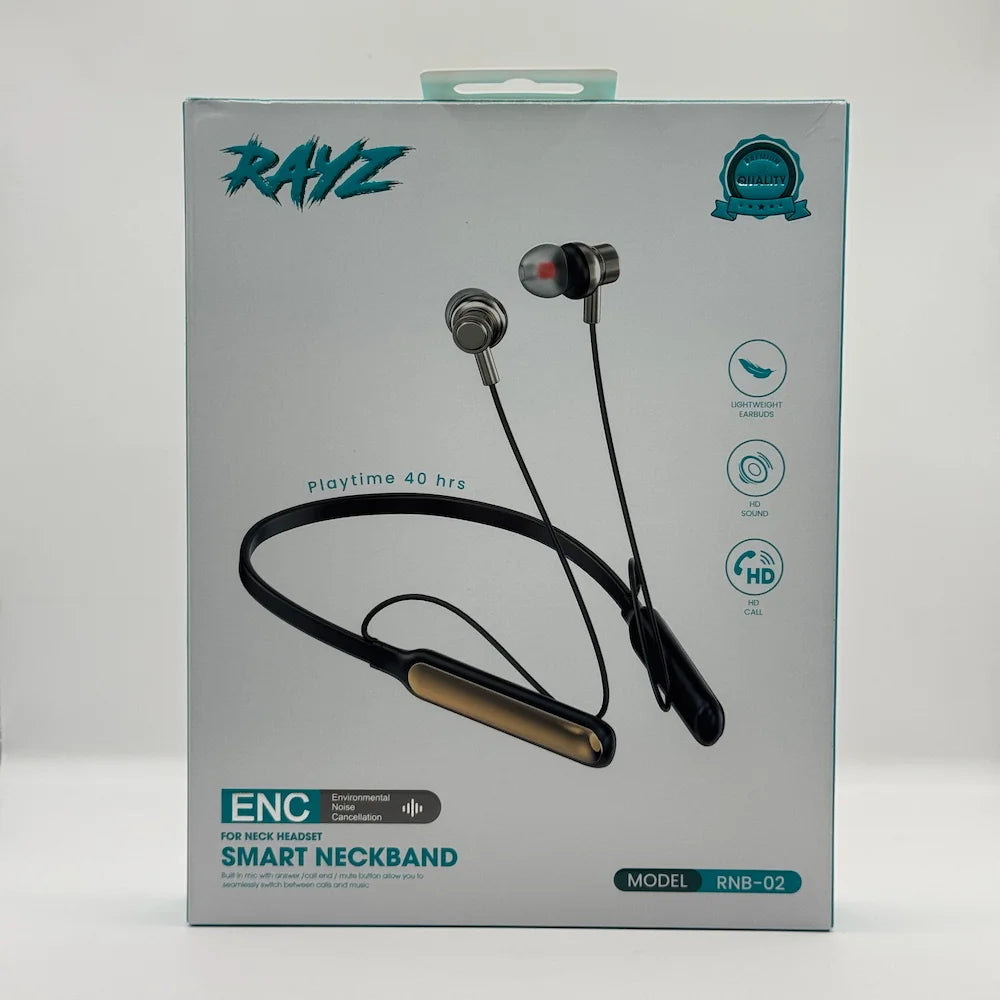 Front view of RAYZ RNB-02 smart neckband wireless earphones packaging box showing 40 hours playtime and ENC feature