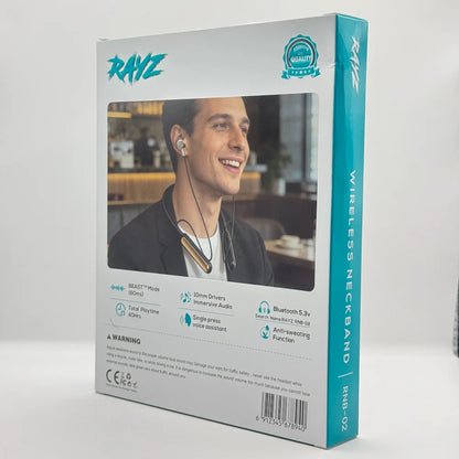 Back packaging view of RAYZ RNB-02 wireless neckband detailing Bluetooth 5.3, 10mm drivers, and BEAST mode features