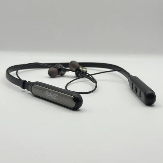 Close up perspective view of RAYZ RNB-02 wireless neckband control buttons and in-ear earbud tips