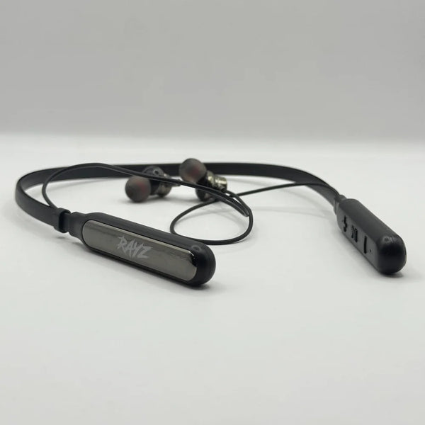 Close up perspective view of RAYZ RNB-02 wireless neckband control buttons and in-ear earbud tips