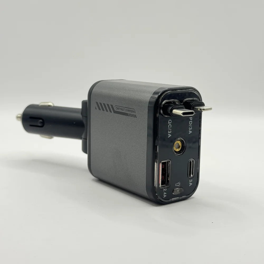 Close up view of retractable cables extended slightly from metallic grey car charger body
