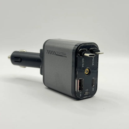 Close up view of retractable cables extended slightly from metallic grey car charger body