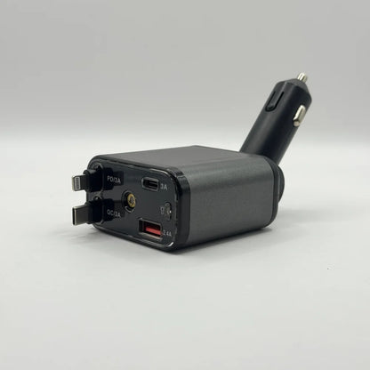 Side angle of fast car charger showing 180 degree adjustable swivel socket plug and port panel