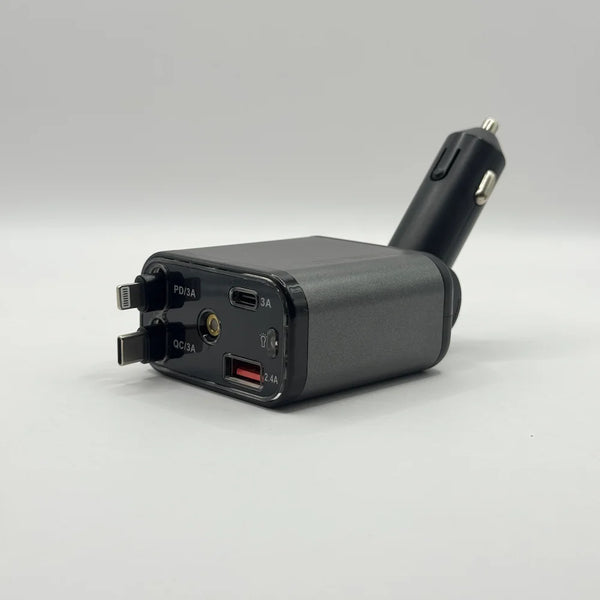 Side angle of fast car charger showing 180 degree adjustable swivel socket plug and port panel