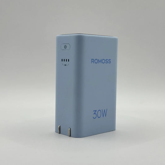Romoss PCP05-191 30W portable power bank with power button and LED battery indicator lights
