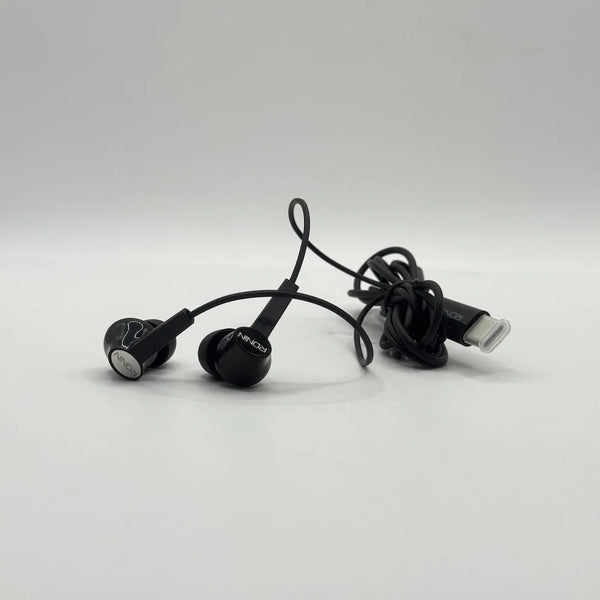 Close up view of Ronin R-29 Stellar black earpieces and protective Type-C connector cap