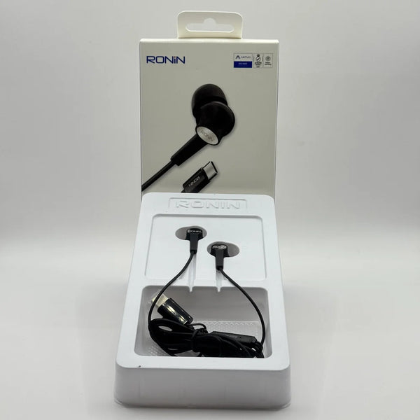Ronin R-29 Stellar Type-C black handsfree displayed in plastic packaging tray in front of box