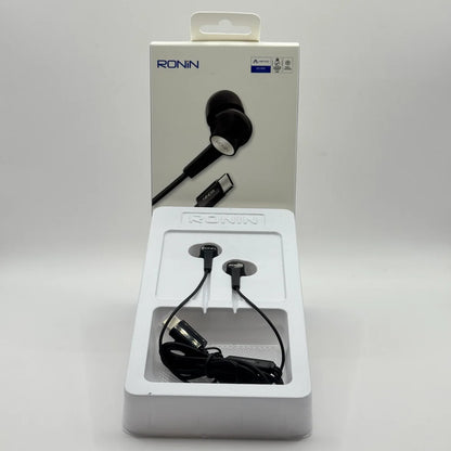 Ronin R-29 Stellar Type-C black handsfree displayed in plastic packaging tray in front of box