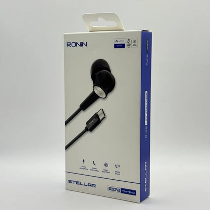 Front packaging box view of Ronin R-29 Stellar Type-C black wired earphones with super bass feature