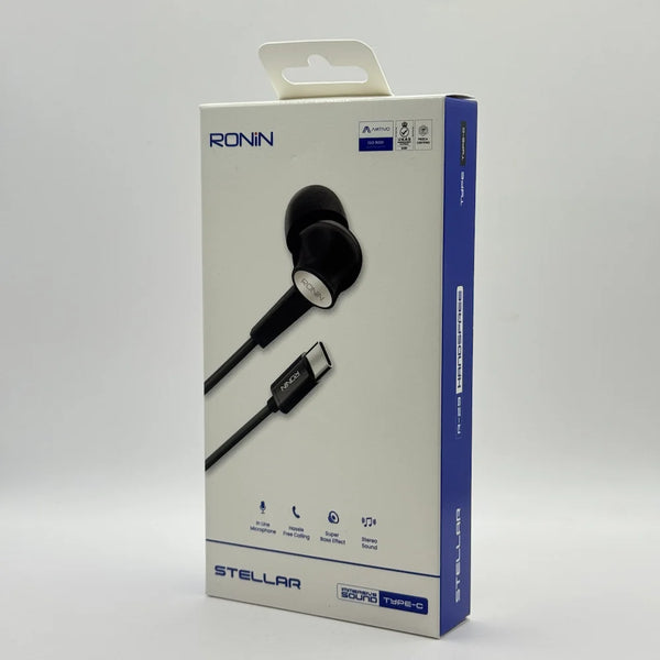 Front packaging box view of Ronin R-29 Stellar Type-C black wired earphones with super bass feature