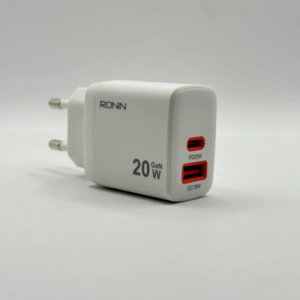 Perspective side view of Ronin R-6025 Catalyst 20W white GaN charger adapter showing PD20W and QC18W ports