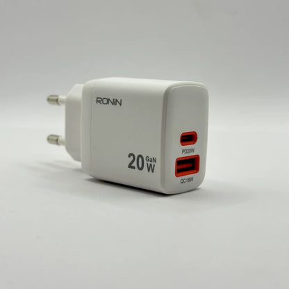 Perspective side view of Ronin R-6025 Catalyst 20W white GaN charger adapter showing PD20W and QC18W ports