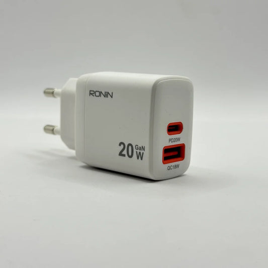 Perspective side view of Ronin R-6025 Catalyst 20W white GaN charger adapter showing PD20W and QC18W ports