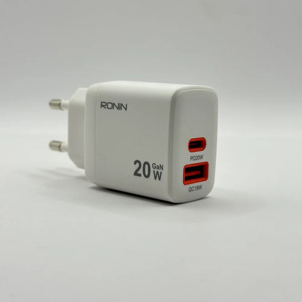 Perspective side view of Ronin R-6025 Catalyst 20W white GaN charger adapter showing PD20W and QC18W ports