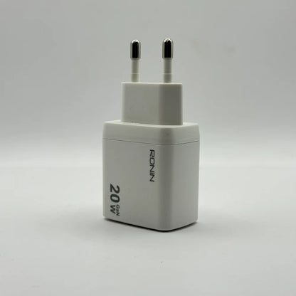 Front view of Ronin R-6025 Catalyst 20W GaN white fast charger showing 2-pin EU plug and branding