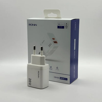 Ronin R-6025 Catalyst 20W GaN white fast charger plug sitting next to its product box