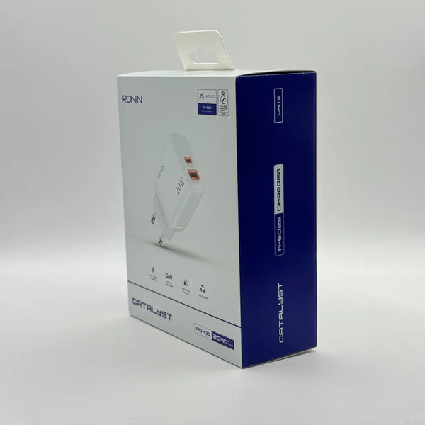 Side angle of Ronin R-6025 Catalyst white charger retail packaging box displaying model details