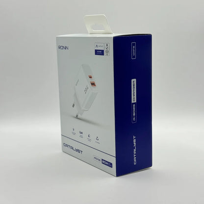 Side angle of Ronin R-6025 Catalyst white charger retail packaging box displaying model details