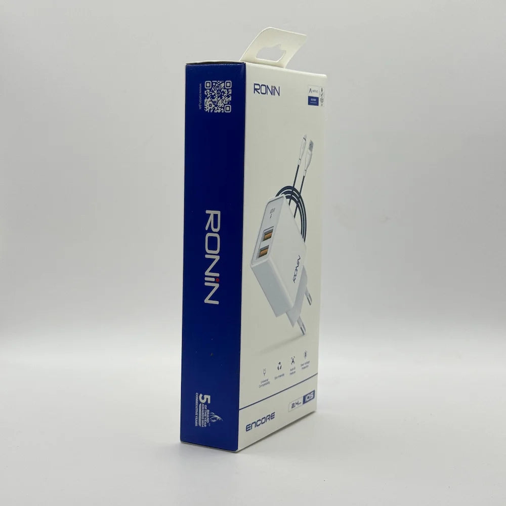 Front perspective view of Ronin R-615 Encore 2.4A dual USB charger retail packaging box with iOS indicator