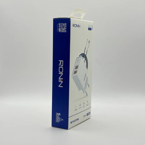 Front perspective view of Ronin R-615 Encore 2.4A dual USB charger retail packaging box with iOS indicator