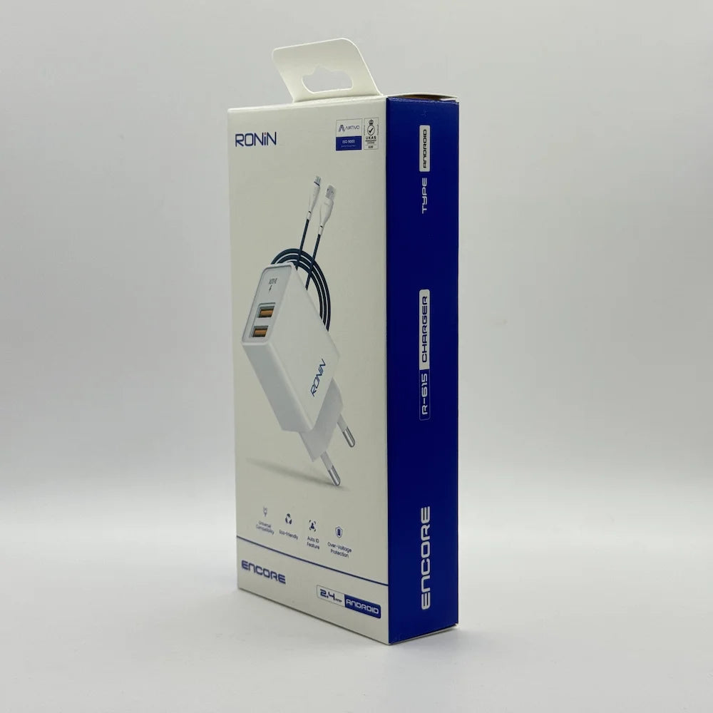 Front perspective view of Ronin R-615 Encore 2.4A dual USB charger retail packaging box