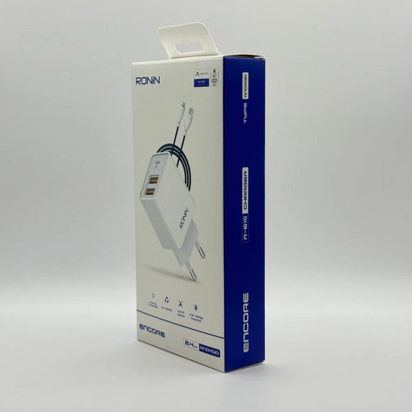 Front perspective view of Ronin R-615 Encore 2.4A dual USB charger retail packaging box