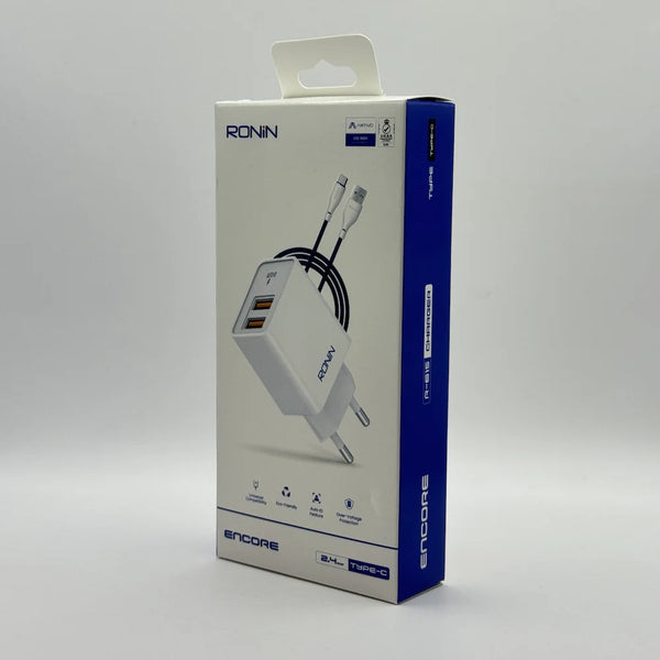 Front perspective view of Ronin R-615 Encore 2.4A dual USB charger retail packaging box with Type-C indicator