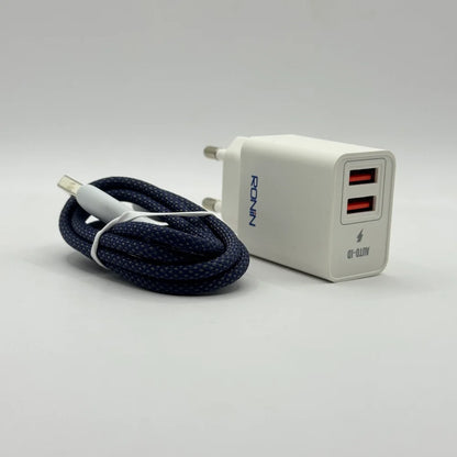 Side angle of Ronin R-615 Encore 2.4A dual USB adapter sitting next to coiled dark blue braided cable
