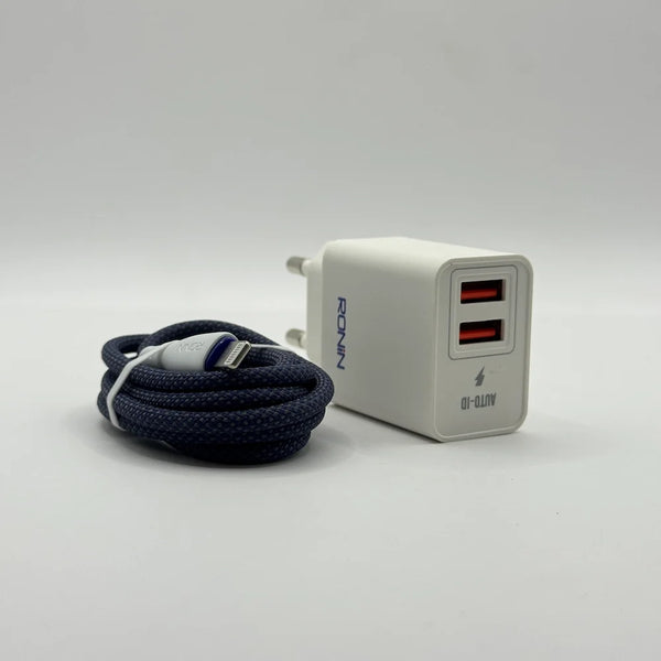 Perspective view of Ronin R-615 Encore Auto ID dual USB ports beside braided iOS Lightning connector head