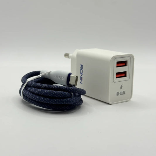 Perspective view of Ronin R-615 Encore Auto ID dual USB ports beside braided Type-C connector head