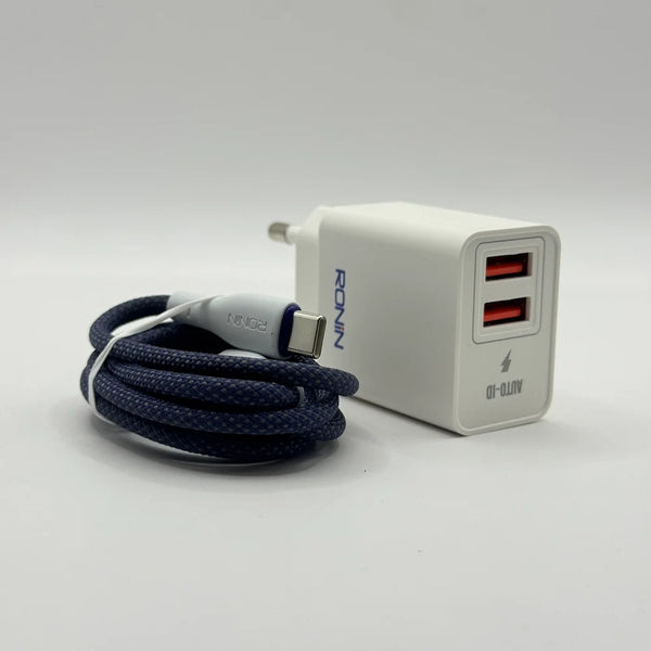 Perspective view of Ronin R-615 Encore Auto ID dual USB ports beside braided Type-C connector head