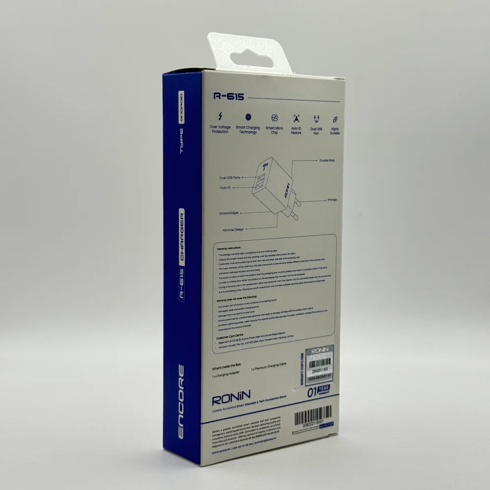 Back of Ronin R-615 Encore retail packaging box detailing specifications and 1-year warranty badge