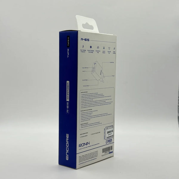 Back view of Ronin R-615 Encore Type-C charger packaging box detailing specifications and warranty badge