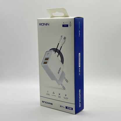Front packaging box view of Ronin R-615 Encore 2.4A dual USB charger with iOS Lightning cable