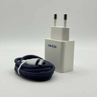 Standalone Ronin R-615 Encore white wall charger plug standing next to coiled braided iOS Lightning cable