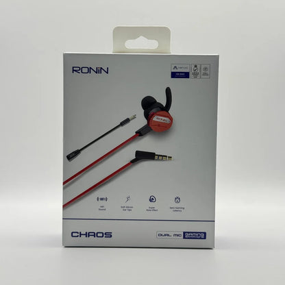Front packaging box of Ronin R-860 Chaos dual mic gaming earphones showing HiFi sound and zero latency features