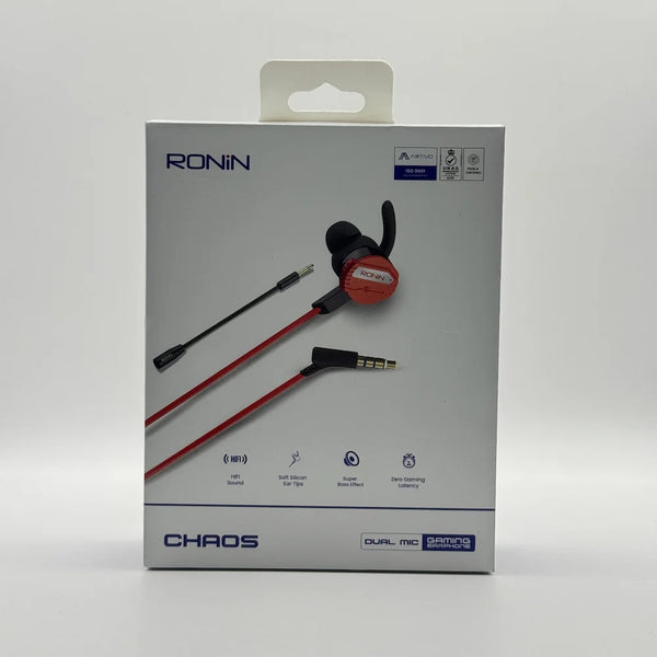 Front packaging box of Ronin R-860 Chaos dual mic gaming earphones showing HiFi sound and zero latency features