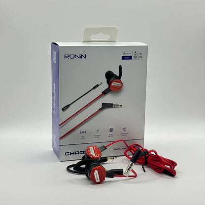 Ronin R-860 Chaos red gaming earphones displayed in front of product packaging box