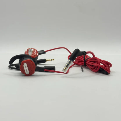 Close up view of Ronin R-860 Chaos red earbuds and 3.5mm audio jack connector
